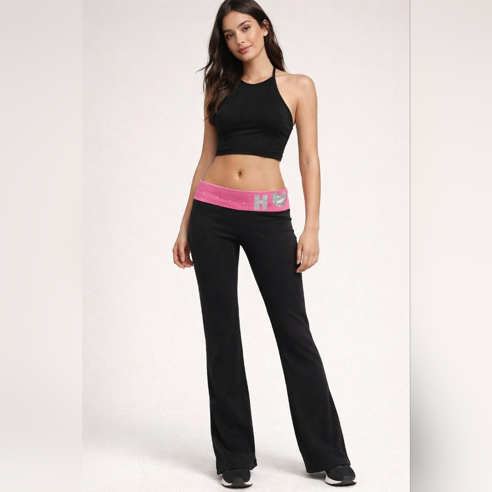 Victoria's Secret PINK Large Foldover Leggings Heart Sequins Flare Cotton Blend